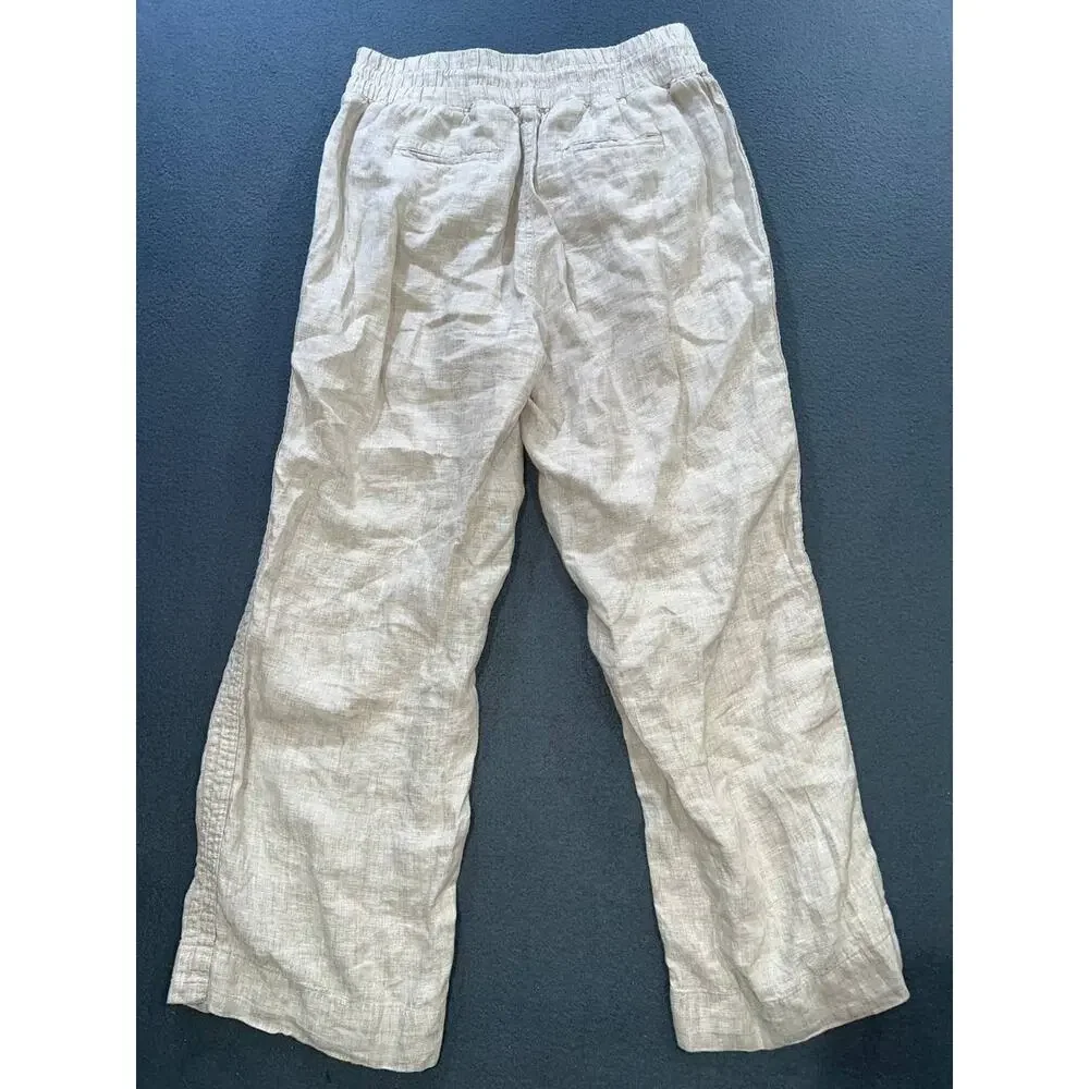 Quince 100% Linen Wide Leg Pants Tan Elastic Waist Large A009927